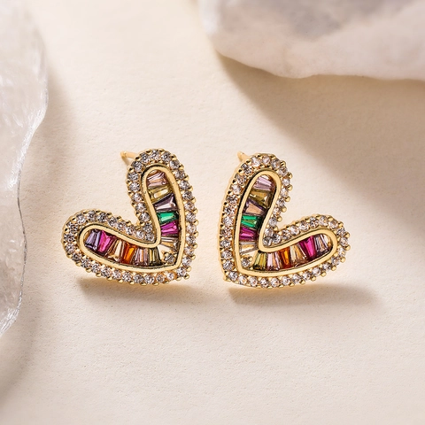 Heart Stud Earrings Copper 18K Gold Plated Multi Color Zirconia Fashion Jewelry For Women Elegant