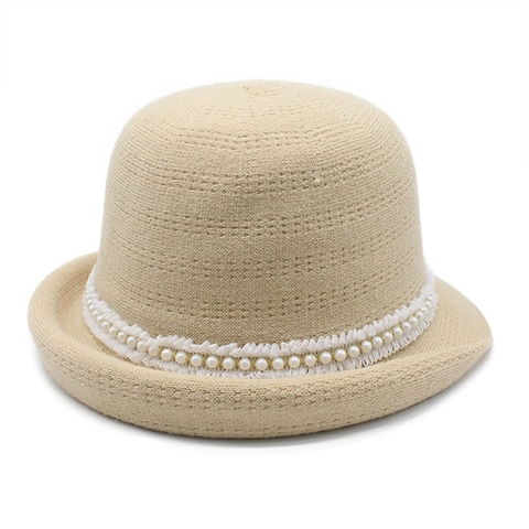 Sombrero Cloche Mujer Elegante Retro De Punto De Pescador Con Perlas Artificiales Y Encaje Cálido Transpirable Color Sólido