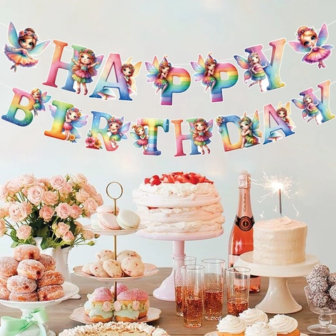 Fairy Theme Happy Birthday Banner Rainbow Paper Garland For Girls Birthday Party Decoration