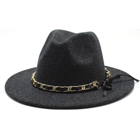 Fedora Hat Woolen Felt Elegant Vintage British Style Jazz Cap With Gold Metal Chain And Ribbon Bow For Men Women
