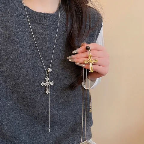Collana Con Ciondolo A Croce Vintage Lega Strass Pietra Catena Lunga Per Maglioni Gioielli Gotici Per Donna Elegante