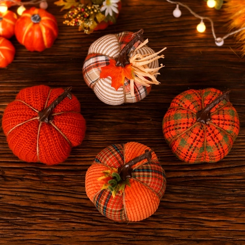 Citrouille En Tissu Décoration De Table Fait Main À Carreaux Tricoté Fête Des Récoltes Action De Grâce Halloween