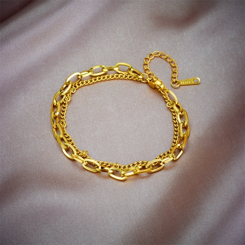 Doppellagiges Gliederkette Armband Edelstahl Verstellbar Vintage Hip Hop Stil Modeschmuck Für Damen