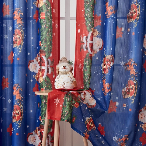 Christmas Curtains Polyester Semi-Shading Holiday Window Drapes Santa Reindeer Snowman Print For Living Room Bedroom