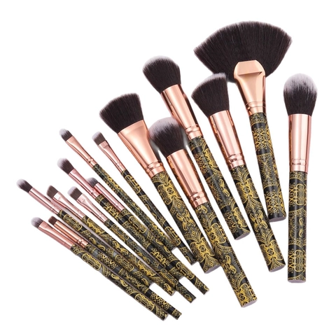 Professionele Make-up Borstels Synthetische Vezel Borstelharen Patroon Kunststof Handvat Roségoud Metaal