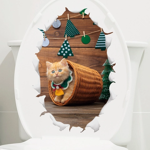 3D Christmas Toilet Lid Sticker Removable PVC Cat In Basket Pattern Broken Wall Effect For Bathroom Festive Decor