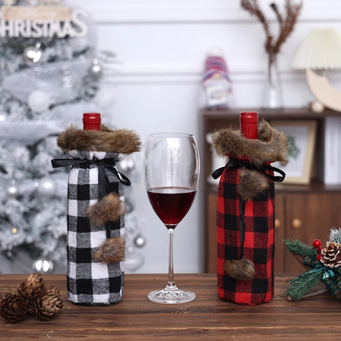 Funda Para Botella De Vino De Navidad Tela De Cuadros Con Cuello De Piel Sintética Y Pompones Decoración De Mesa Festiva