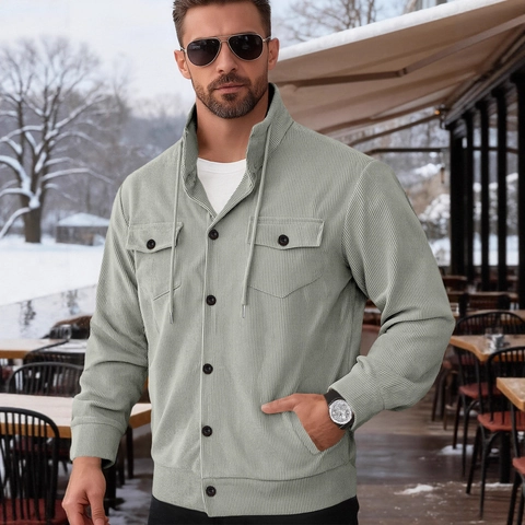 Heren Corduroy Jas Casual Lange Mouwen Knoopsluiting Opstaande Kraag Met Trekkoord Effen Kleur Bovenkleding Shacket