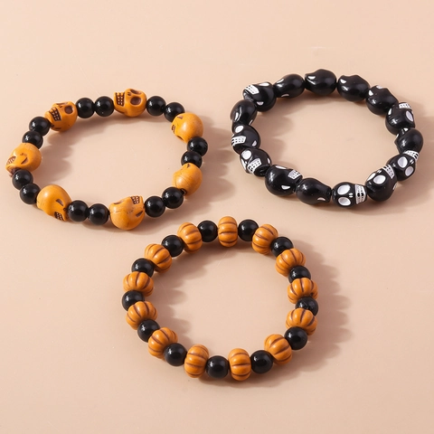 Halloween Beaded Bracelets Resin Skull Pumpkin Elastic Wristbands Punk Hip Hop Jewelry For Unisex Party Accessory