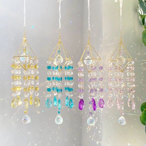 Crystal Suncatcher Prism Hanging Decoration Metal Geometric Frame Rainbow Maker Window Garden Home Decor Ornament
