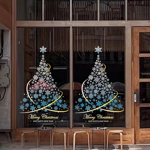 Christmas Tree Snowflake Window Stickers PVC Static Cling Double Sided Waterproof Shop Glass Door Festive Party Decor