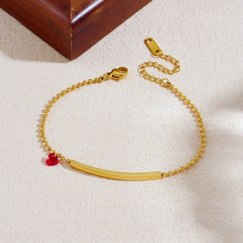Stainless Steel Gold Plated Bead Chain Bracelet With Red Heart Pendant Curved Bar Minimalist Jewelry For Women