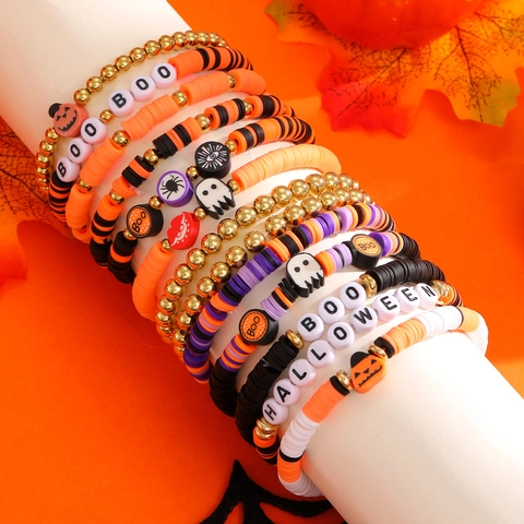 Pulsera Apilable de Halloween Aleación Arcilla Polimérica Cuentas Heishi Calabaza Fantasma Murciélago Joyería de Mujer
