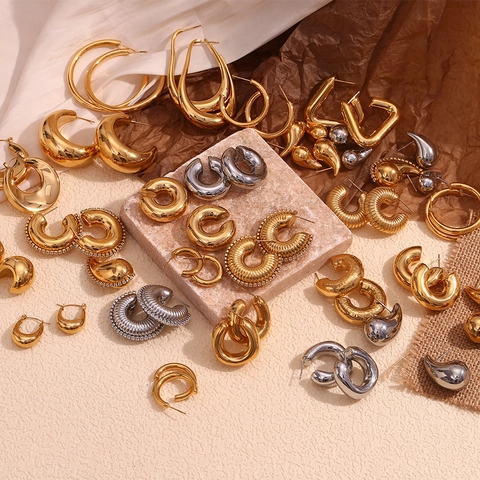 Chunky Creolen Edelstahl 18K Vergoldet Hohl Geometrisch C-Form Wassertropfen Minimalistischer Modeschmuck Für Damen