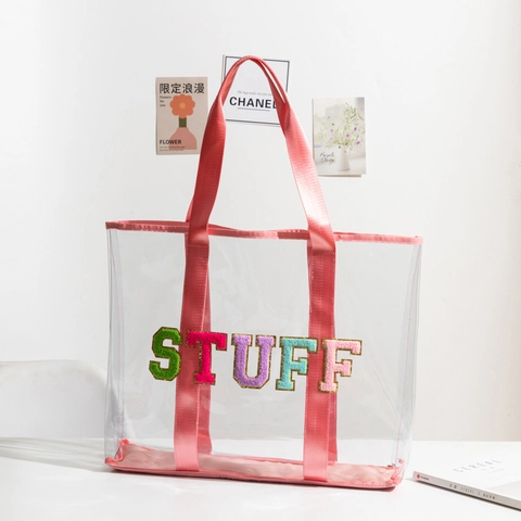 Große Transparente PVC Tragetasche Chenille Stickerei Buchstaben Strand Schultertasche Für Frauen Wasserdicht