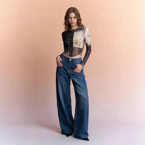 Weite Jeans Damen Hohe Taille Retro Gewaschene Baumwolle Denim Lockere Gerade Lange Hose Mode Streetwear Blau