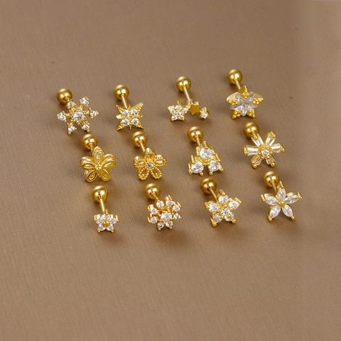 Stainless Steel Cartilage Stud Earrings Micro Inlaid Zircon Star Flower Snowflake Shape Screw Ball Back Piercing Jewelry