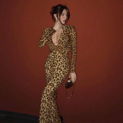 Women Sexy Leopard Print Maxi Dress Deep V Neck Long Sleeve Bodycon Slim Fit Twist Front Elegant Polyester Spandex