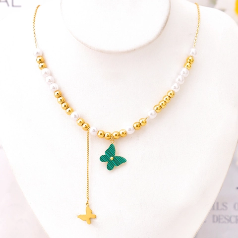 Joyas Mariposa Verde Malaquita Textura Acero Titanio Chapado Oro Perla Artificial Collar Pulsera Pendientes Para Mujer