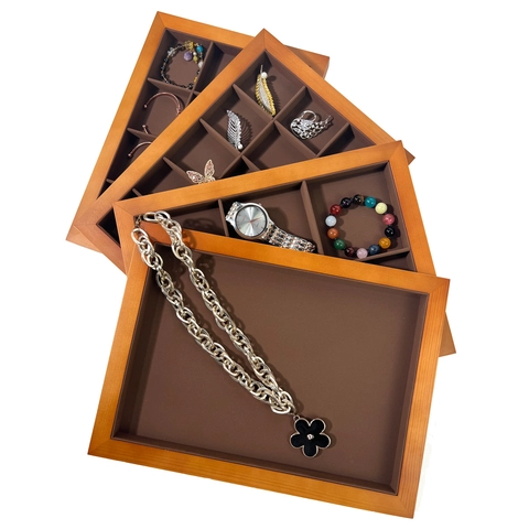 Jewelry Display Tray Walnut Wood Finish Velvet Lining Necklace Ring Bracelet Storage Organizer Showcase