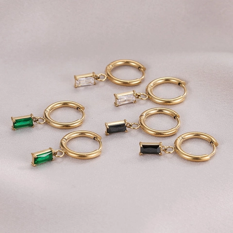 Minimalist Titanium Steel Hoop Earrings With Rectangular Zircon Charm Geometric Dangle Ear Jewelry For Women