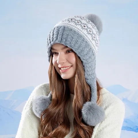 Women Knit Earflap Beanie Hat Acrylic With Faux Fur Pom Poms Winter Warm Fleece Lining Fair Isle Snowflake Pattern