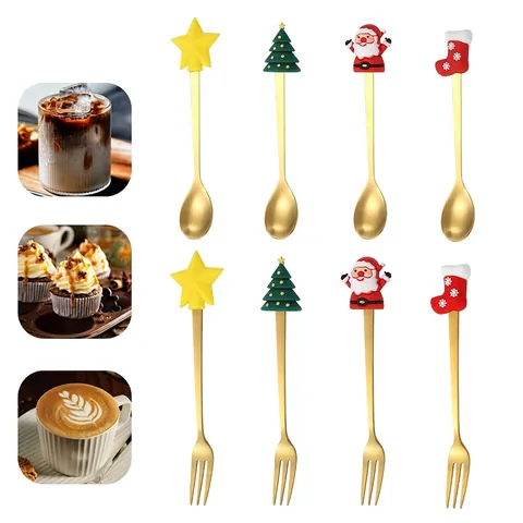 Natale Cucchiaio Forchetta Acciaio Inossidabile Posate Dolce Frutta Cucchiaino Bambola Cartone Animato Ornamento Festa Regalo