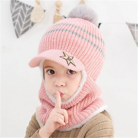 Cagoule Tricotée Pour Enfants Bonnet À Capuche Cache-Col Épais Doublé De Peluche Protection Oreilles Hiver Pompon Étoile