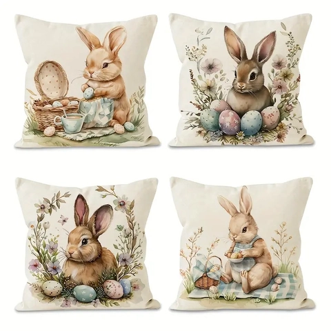 Easter Cushion Cover Linen Square Watercolor Rabbit Colorful Eggs Hidden Zipper Decorative Pillowcase Living Room Sofa