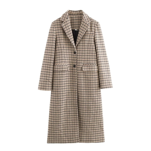 Lange Wollen Jas Met Houndstooth Voor Dames Reverskraag Dubbele Knoop Casual Winterjas Jack