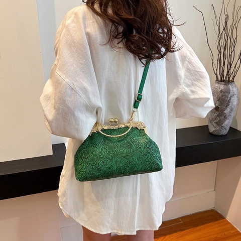 Vintage Kiss Lock Handtasche Geprägtes Blumen PU Leder Schulter Umhängetasche Mit Goldenem Metallgriff Für Damen