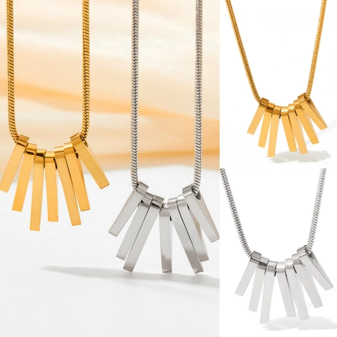 Bohemian Edelstahl Fächer Anhänger Halskette Damen Vergoldet Vertikale Bar Quaste Minimalistisch Schlangenkette Schmuck