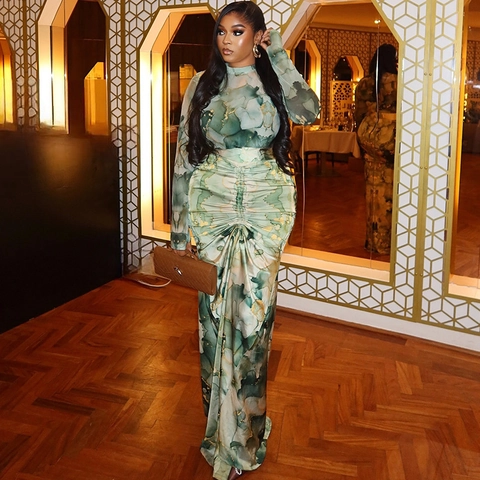 Ruched Mock Neck Long Sleeve Top And Slim Fit Maxi Skirt Abstract Marble Print Polyester Spandex Elegant Streetwear