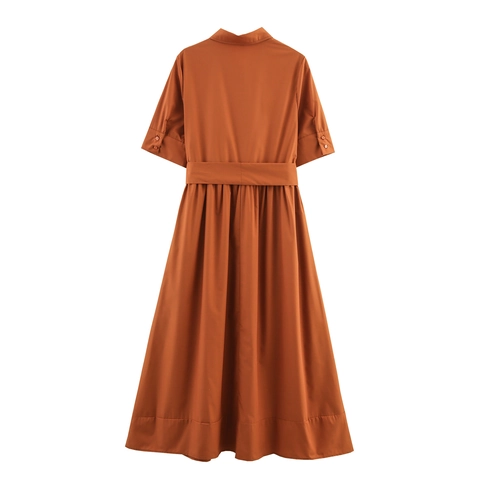 Dames Maxi Overhemdjurk Korte Mouwen Reverskraag Knoopsluiting Tailleband Zakken Elegant Polyester