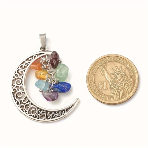 Halbmond Anhänger Halskette Legierung Mit Chakra Kristallchips Hohl Bohemian Vintage Heilsteine Schmuck