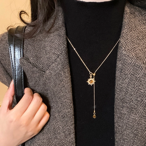 Collier Pendentif Soleil Oeil De Tigre Vintage Plaqué Or Cuivre En Forme De Y Lariat Chaîne Pull Bijoux Élégants Femmes