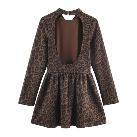 Leopardenmuster Wildleder Rückenfreies Mini Kleid Langarm Halbe Hochhals Sexy A Linie Puffsaum Party Club Für Frauen