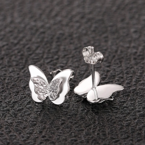 3D Double Layer Butterfly Stud Earrings Copper Frosted Mirror Finish Sweet Chic Jewelry For Women