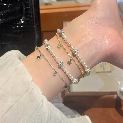 Pulsera De Doble Capa Perla Artificial De Imitación Colgante De Estrella Circón Bola De Diamantes Joyas De Moda Para Mujeres