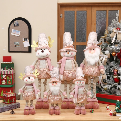 Pink Christmas Telescopic Plush Doll Reindeer Snowman Retractable Leg Figurine Standing Holiday Home Decoration Gift