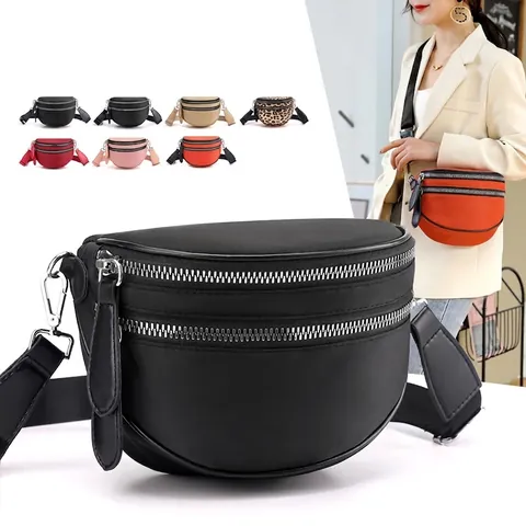Women Fashion Nylon Crossbody Chest Bag Multi Zippers Multi Layer Large Capacity Casual Half Moon Sling Handbag