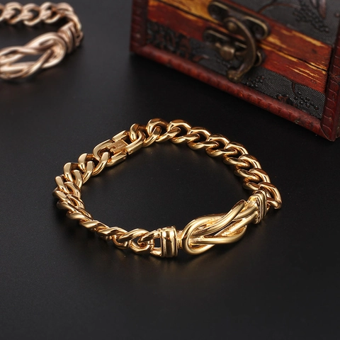 Pulsera De Cadena Cubana Hip Hop Para Hombre Chapada En Oro De 18K Acero Inoxidable Pulido Diseño De Nudo Joyería