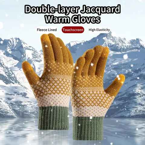 Guantes De Punto De Invierno Para Mujer Doble Capa Forro Polar Pantalla Táctil Patrón Jacquard Cálido Ciclismo Exterior