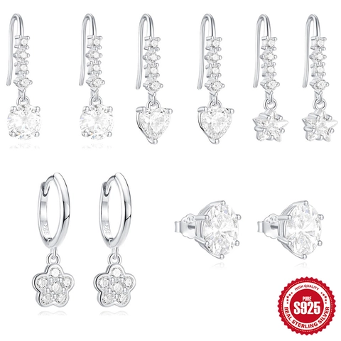 925 Sterling Silver Earrings For Women Zircon Heart Star Flower Dainty Sparkling Fashion Jewelry