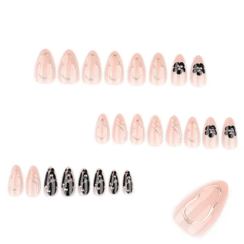 Unghie Press On Forma Mandorla Lunga Fiore Nero Linea Metallica 3D Argento Rosa Nude Marmo Inchiostro Per Donne