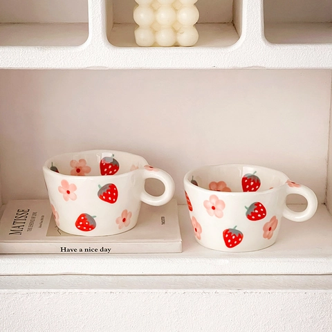 Tazza In Ceramica Dipinta A Mano Forma Irregolare Cartone Animato Carino Motivo Fragola Tigre Frutta Resistente Al Calore