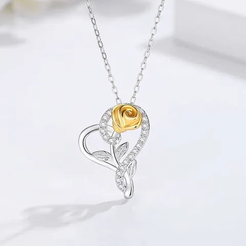 Collana Con Pendente A Cuore E Rosa In Argento Sterling 925 Con Zirconi Bicolore Oro Argento Gioielli Romantici Per Donna