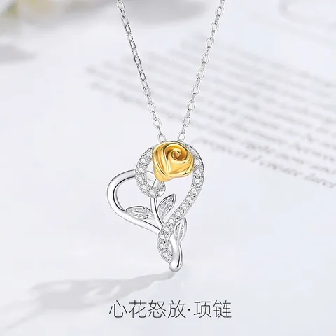 Collana Con Pendente A Cuore E Rosa In Argento Sterling 925 Con Zirconi Bicolore Oro Argento Gioielli Romantici Per Donna