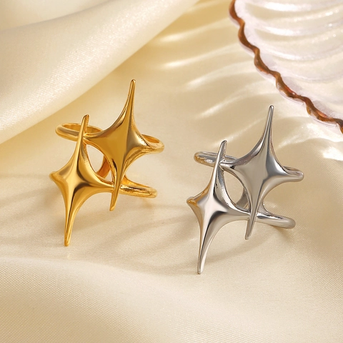 Bague Étoile À Quatre Branches En Acier Inoxydable Plaqué Or 18K Ouverte Ajustable Bijoux Minimalistes Pour Femmes