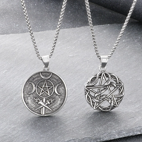 Mystical Hecate Wheel Pendant Necklace Stainless Steel Pentagram Serpent Occult Triple Moon Goddess Punk Gothic Jewelry